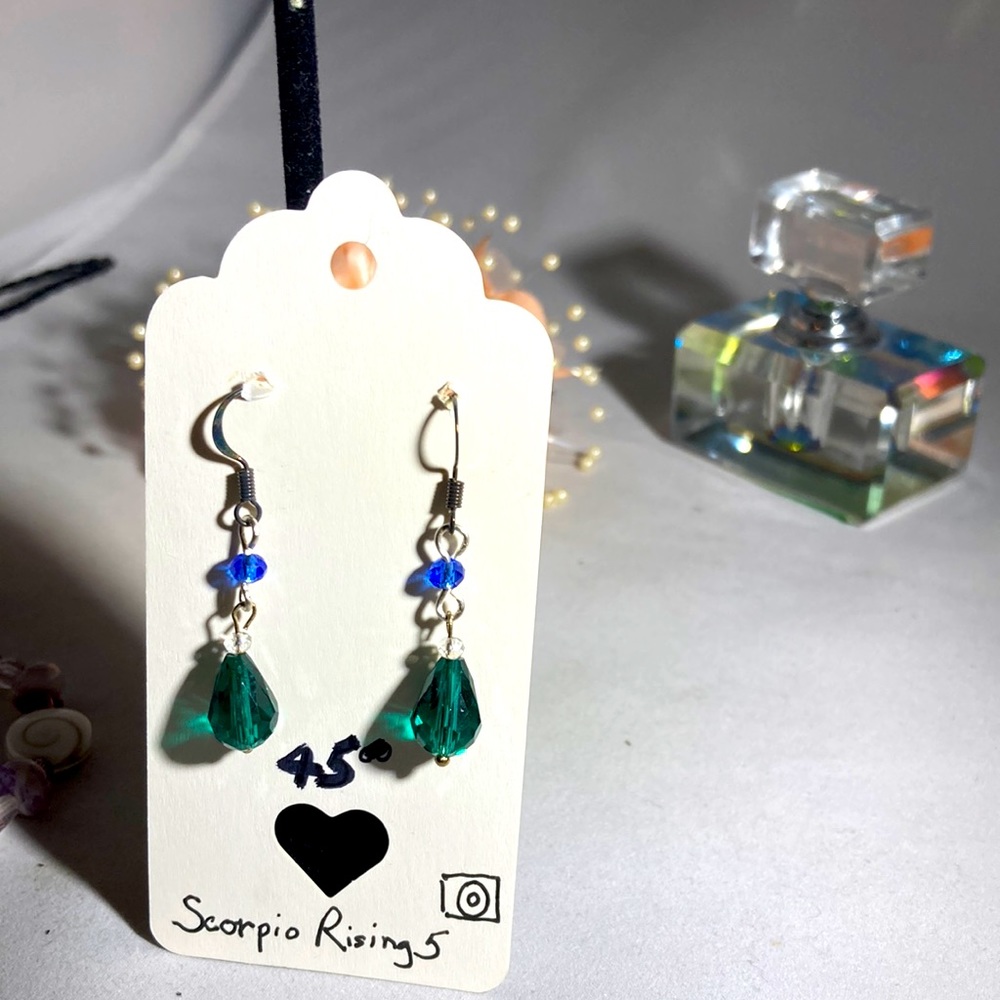 Green, clear ( Swarovski) and blue crystal earrings